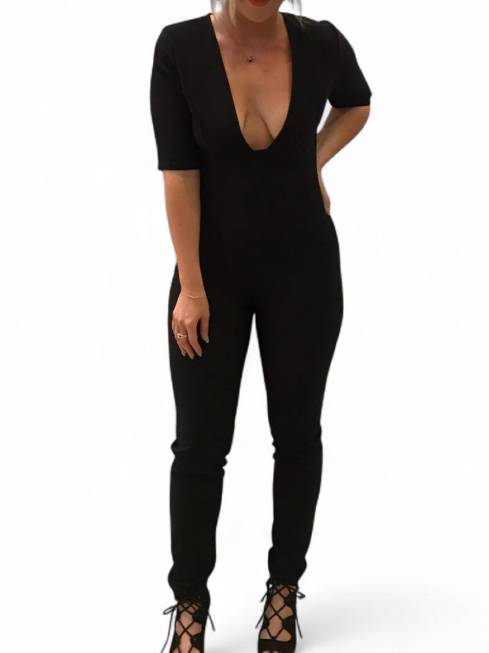 Simple Black V-Neck Jumpsuit